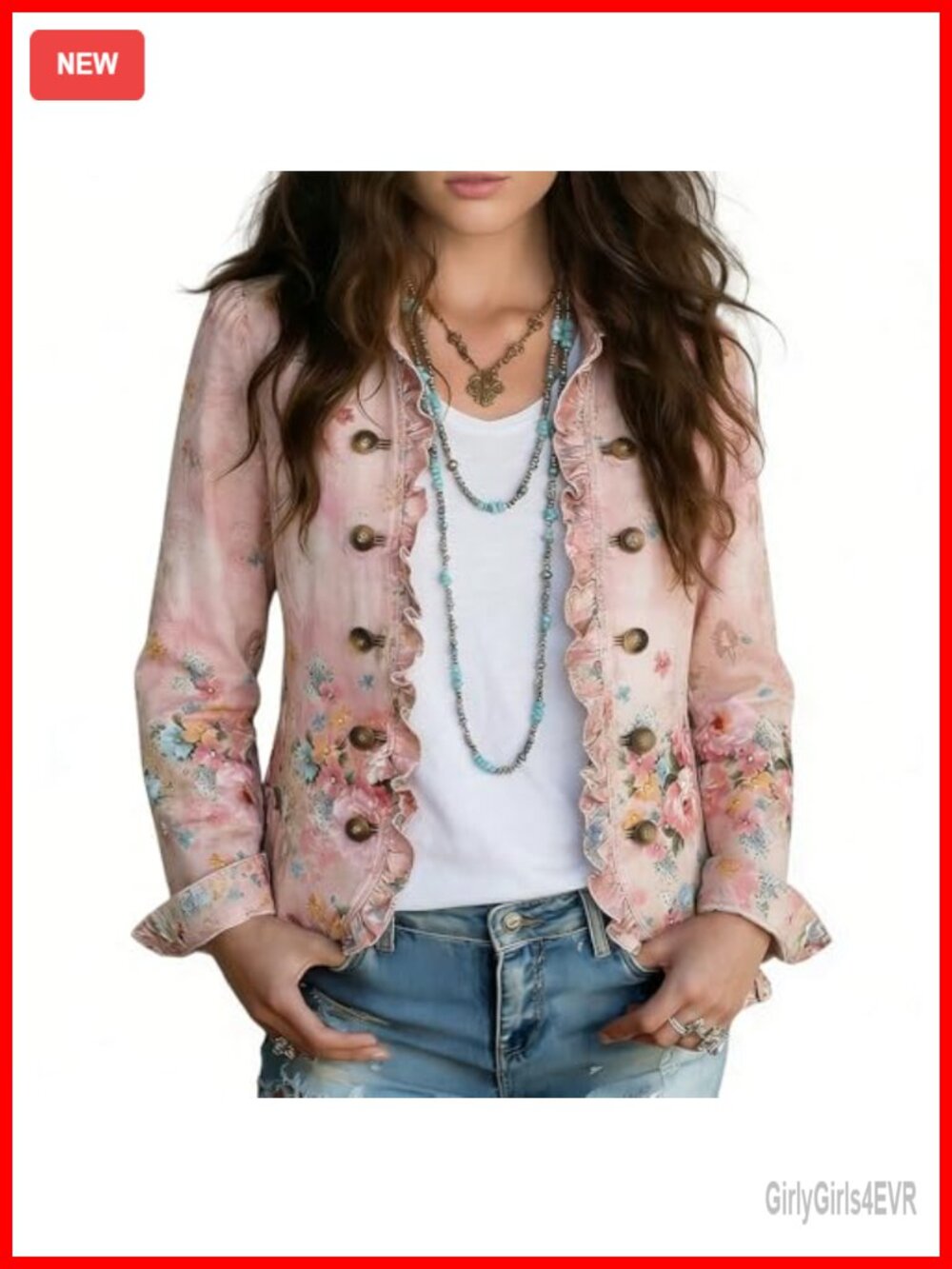 Floral Ruffle Trim Double Breasted Vintage Jacket